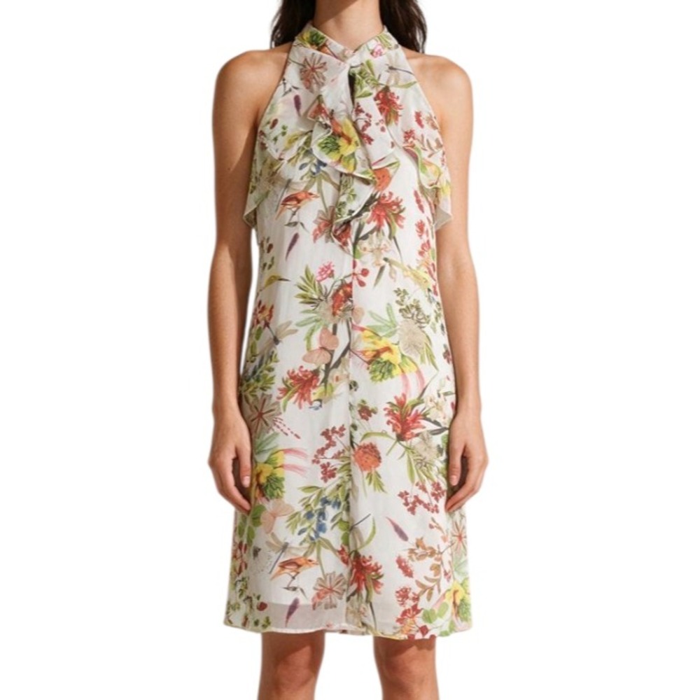 SPENSE Lined Chiffon HALTER DRESS Butterfly Dragonfly Floral Birds Ruffle SZ 10
